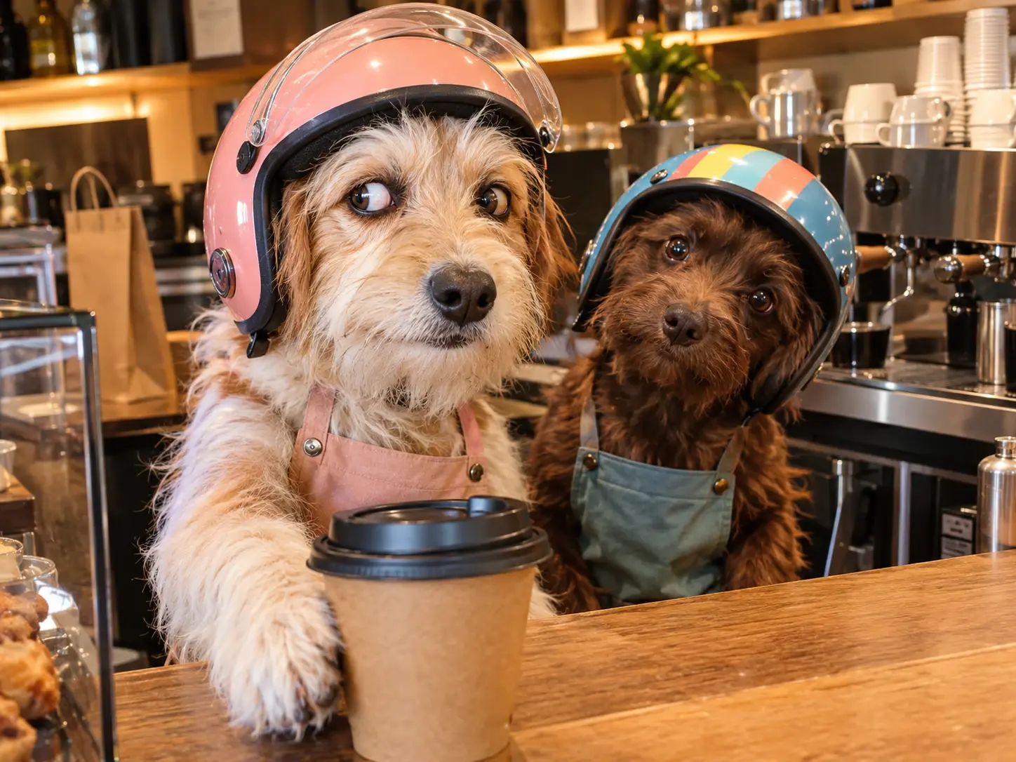 Two adorable dogs wearing colorful helmets and aprons working at a coffee shop counter.