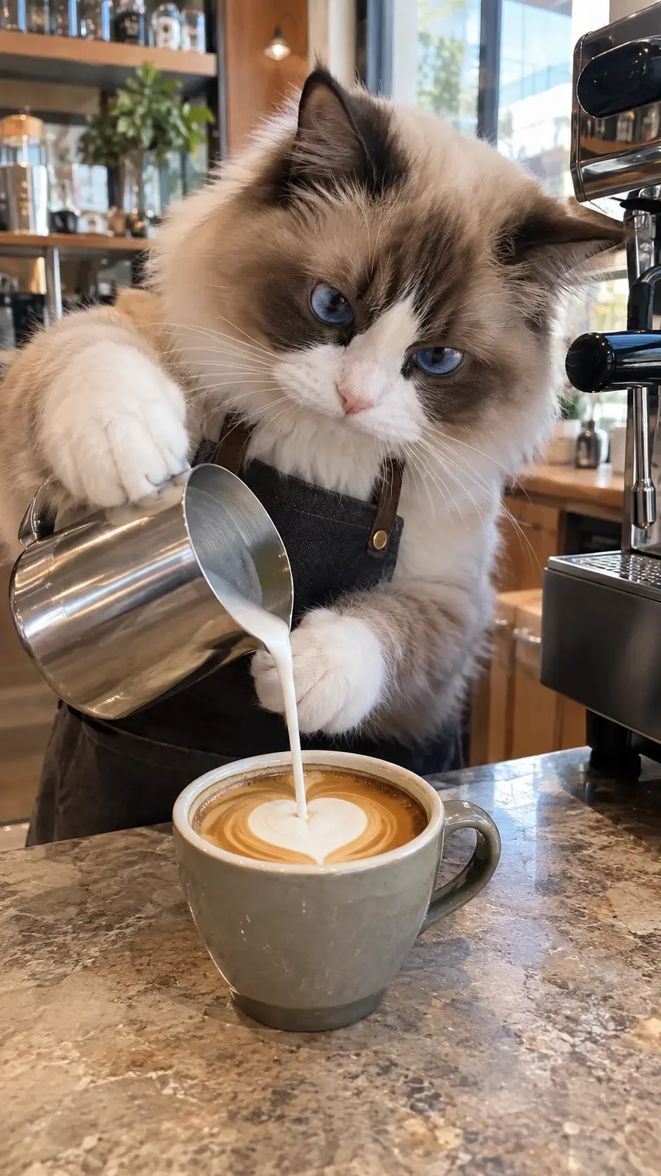 An adorable cat barista wearing an apron and expertly pouring milk for latte art