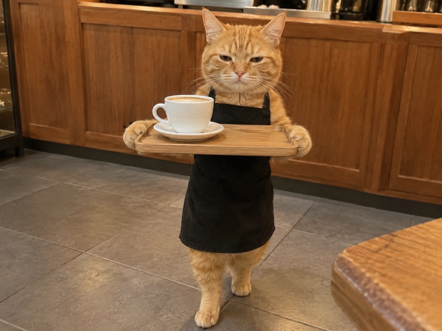 A hilarious ginger cat wearing a black apron and proudly walking while holding a coffee tray.