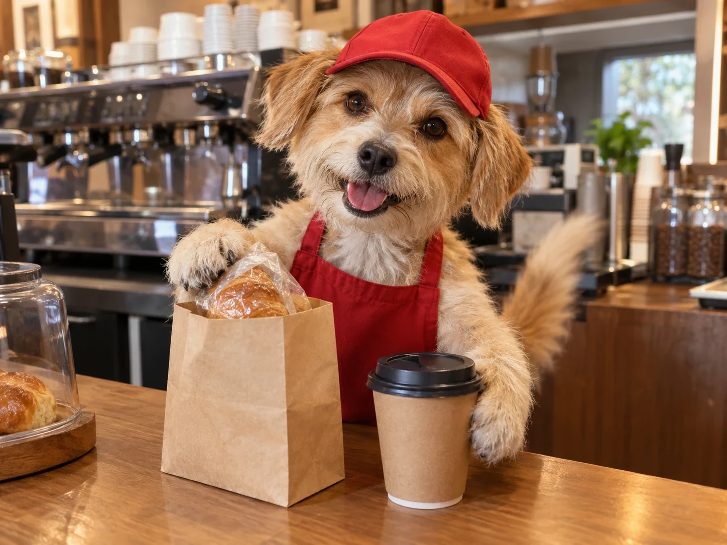 A smiling dog in a red cap and apron works as a pet barista at a café counter, with a paper bag of pastries and a takeaway coffee cup in front of it.