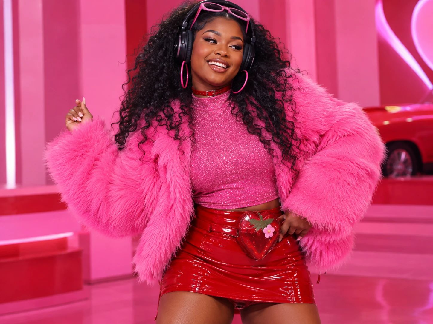 A woman in a bright pink outfit and headphones smiling in a pink room.