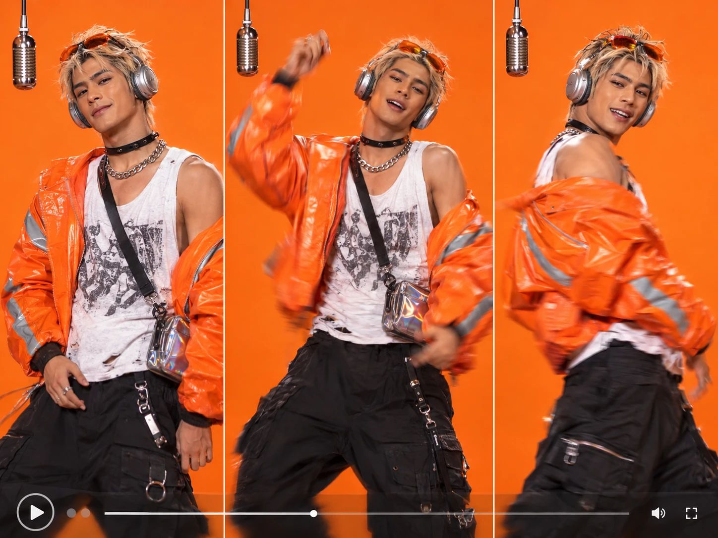 A three-panel image of a young man in a neon orange jacket dancing against a solid orange background with video player interface overlays.