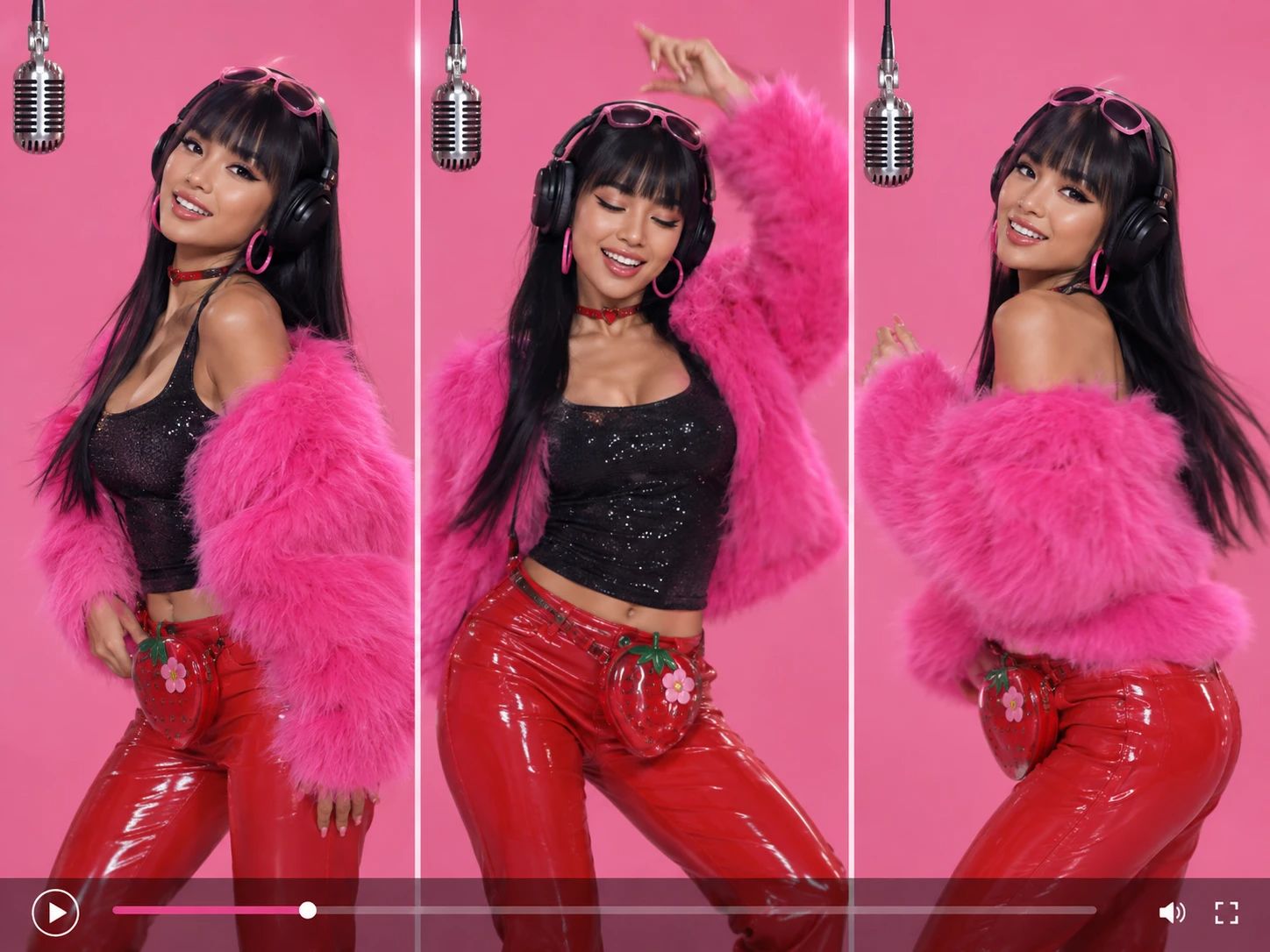 A three-panel image of an Asian woman with black hair and bangs dancing in a pink studio with video player controls.