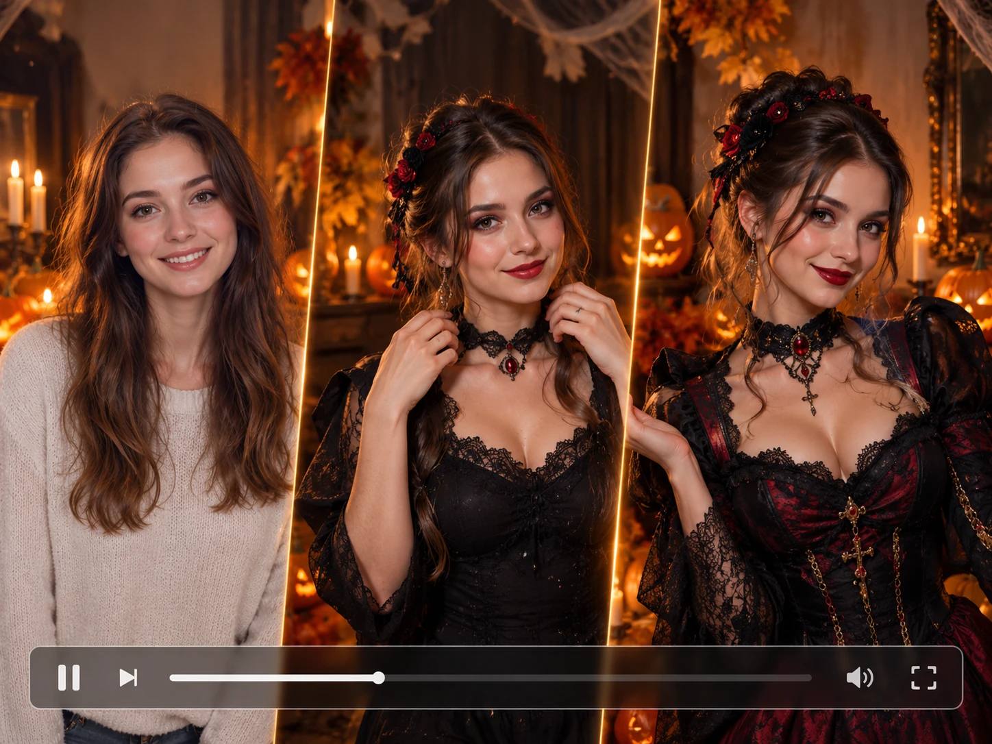 A three-panel image showing a woman's transformation from casual clothing into a dark, gothic Halloween costume with lace details.