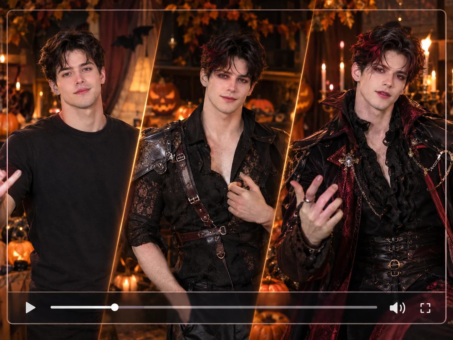 A three-panel image showing a man's transformation from a casual black t-shirt into an elaborate gothic vampire costume with lace and leather details.