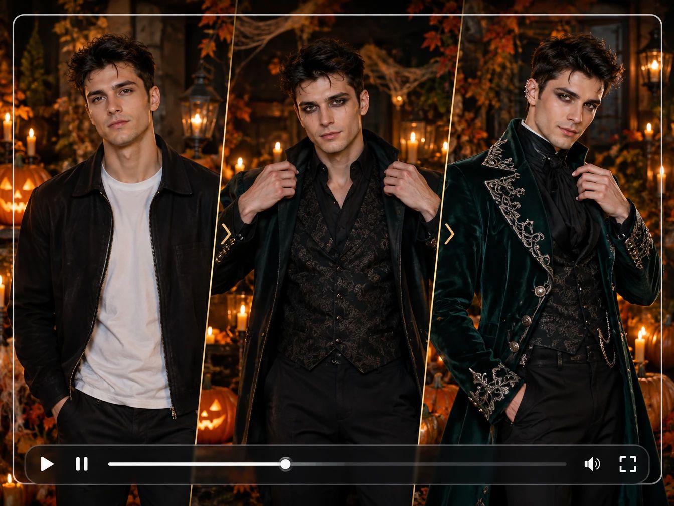 A three-panel image showing a man's transformation from a casual jacket into an elaborate dark green velvet Halloween costume.