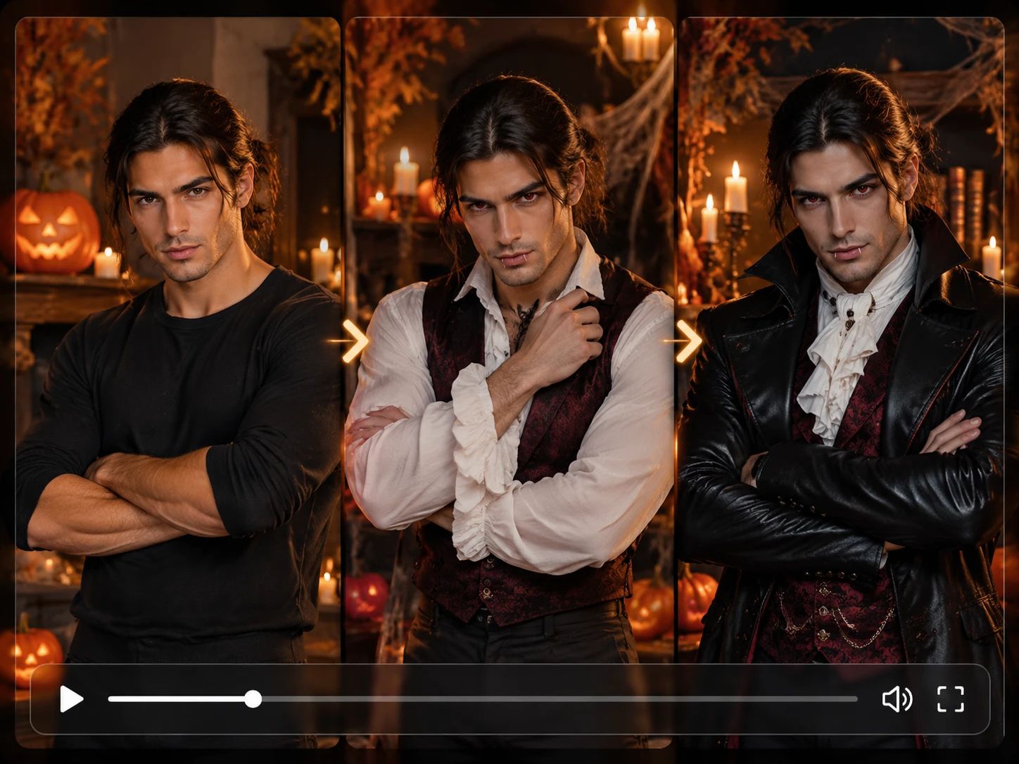 A three-panel image showing a long-haired man's transformation from a black shirt into a gothic vampire costume with a ruffled shirt and leather coat.