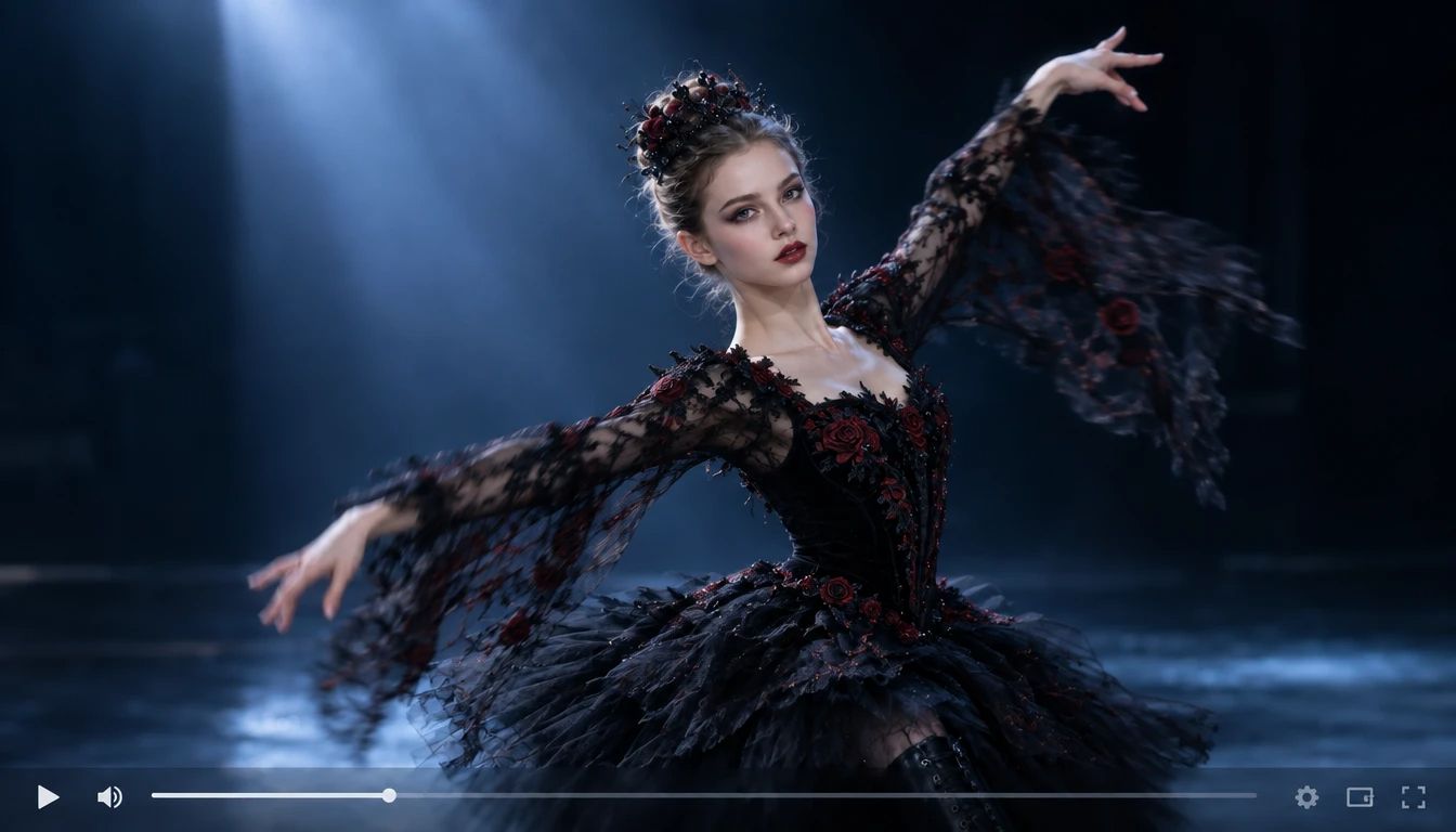 A ballerina in a black and red lace dress dancing on a dark stage.